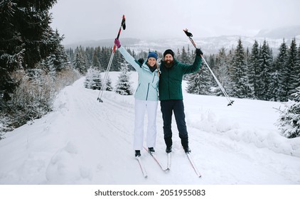 Mature Couple Cross Country Skiing Outdoors In Winter Nature, Tatra Mountains Slovakia.