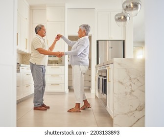 Mature Couple Dancing At Home Together For Love, Relax And Romantic Fun Day. Happy Husband, Smile Wife And Intimate Partners Bonding In Playful Marriage, Special Dance Moment And Care Relationship