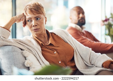 Mature Couple, Divorce And Fighting On Sofa In House, Home Living Room Or Marriage Counseling Therapy. Stress, Frustrated Or Depression For Black Woman And Man In Psychology Counselling For Cheating