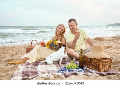 Mature couple with dog having picnic near sea on summer day - Powered by Shutterstock