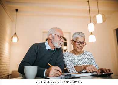 Mature couple doing some paperwork and calculations at home - Shutterstock ID 1012340377