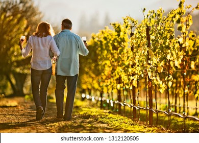 Mature Couple Enjoy Romantic Walk Through Vineyard While Tasting Wine.