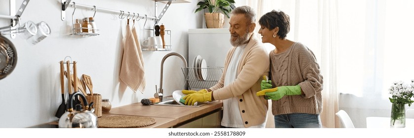 Mature couple happily washing dishes together in a bright kitchen filled with plants. - Powered by Shutterstock