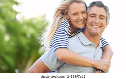 Mature, couple and happy portrait or hugging, nature and weekend break in summer with love. Romance, trust and support for bonding together in outdoor park, smile and man or woman for relationship - Powered by Shutterstock