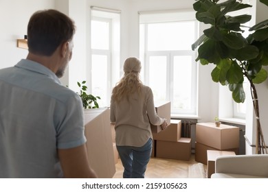 Mature Couple Moving Into New Apartment, Carrying Cardboard Boxes Into Empty Room With Potted Plants. Real Estate Property Buying, Relocation, New Home Concept. Rear View