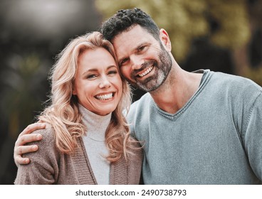 Mature couple, portrait and hug for support, romance love and affection for spouse on holiday. Happy people, trust and vacation for bonding on travel, embrace and countryside security in commitment - Powered by Shutterstock