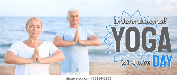 Mature couple practicing yoga on sea beach. Banner for International Yoga Day - Powered by Shutterstock