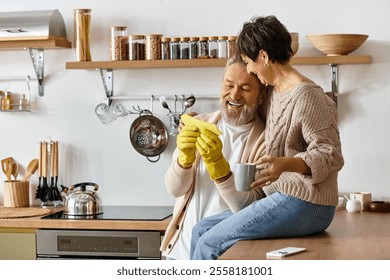 A mature couple shares laughter as they enjoy each others company in a vibrant kitchen. - Powered by Shutterstock