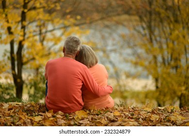 Mature couple sitting near lake back view