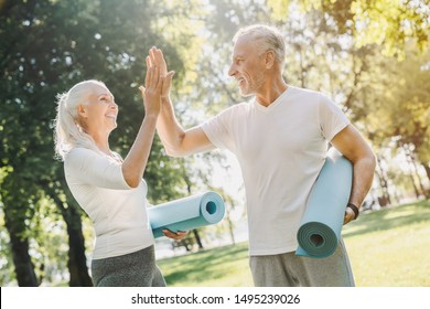 Mature couple standing with yoga carpet in hands in morning park before workout with high five each other - Powered by Shutterstock