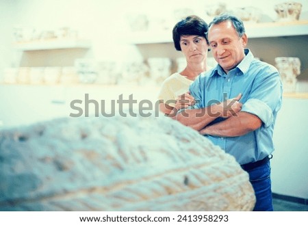 Mature couple turists examines basrelief of tomb