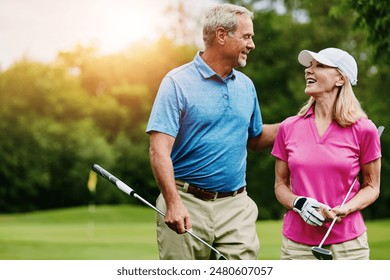 Mature, couple and walking on golf course, outside and healthy fitness activity with golfers together with club. Relaxing, weekend break and happy with smile for sport, nature exercise and people - Powered by Shutterstock