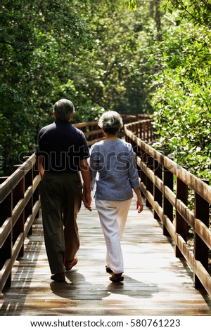 Mature couple walking on wooden bridge, rear view