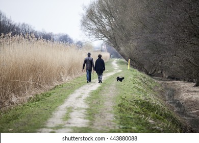 Mature Couple Walking With Their Dog On A Dike, The Netherlands