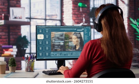 Mature developer coding cloud computing with AI chatbot on pc, working from her home and focuses on the software development process for productivity and innovation. Prompts for code. Camera A.
