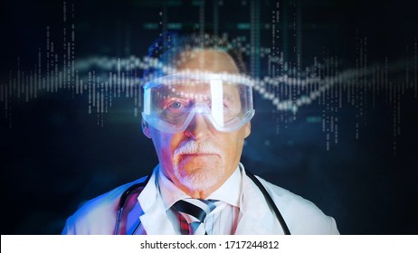 Mature Doctor In Protective Glasses On Dark Background. Close Up Portrait Elderly Scientist In High Tech Laboratory. Handsome Doctor In Protective Glasses Looking At Augmented Reality Screen.