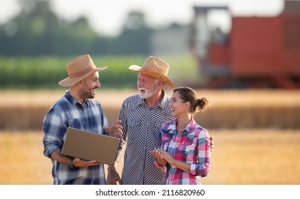 Mature Farmer With Laptop Explaining Something To Younger Farmer Woman Ande Senior Man In Field During Harvest In Summer Time