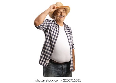 Mature farmer smiling and greeting with his straw hat isolated on white background - Powered by Shutterstock