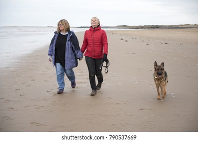 Mature female couple laughing and holding hands walking along the beach on a cold day 