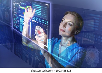 Mature Female Doctor Using Virtual Screen On Dark Color Background