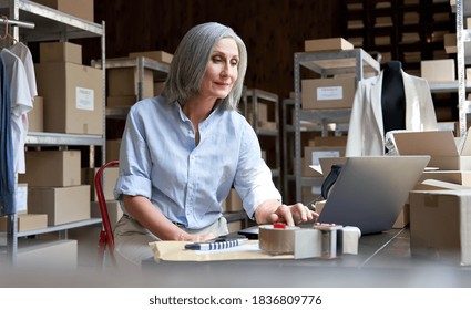 Mature Female Fashion Seller Using Computer Checking Ecommerce Clothing Store Orders. Older Middle Aged Business Woman Entrepreneur Working On Laptop Preparing Online Shipping Delivery Parcels Boxes.
