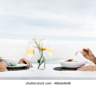 Mature Friends Fine Dining Outdoors Concept