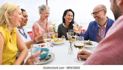 Mature Friends Fine Dining Outdoors Concept