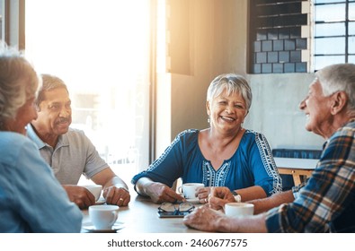 Mature, friends and group relax at coffee shop on holiday or reunion on vacation in retirement. Senior, people and talking at cafe for brunch with latte, espresso and drink cappuccino and chat - Powered by Shutterstock