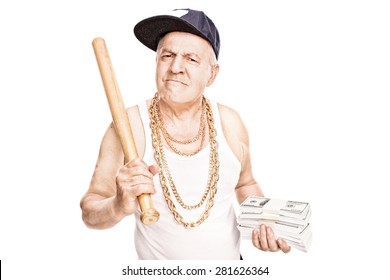 Mature Gangster With Gold Chains Holding A Baseball Bat And Stacks Of Money Isolated On White Background