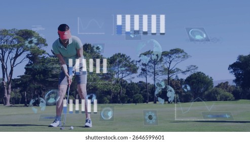 Mature golfer lining up putt on fairway with putter, ball, visor, glove, data overlays, copy space. Athletic, leisure, landscape, digital, analytics, outdoor, sporty