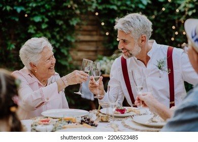 Mature Groom Toasting With His Mother In Law At Wedding Reception Outside In The Backyard.