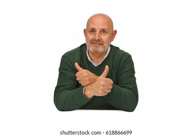 Mature Handsome Bald Man With Salt And Pepper Beard Arms Crossed Thumbs Up Looking At Camera