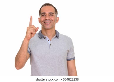 Mature Happy Persian Man Pointing Finger Up