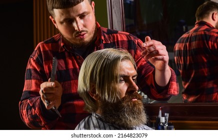 Mature Hipster With Beard. Hairstylist Serving Client At Barber Shop. Personal Stylist Barber. Retro And Vintage. Designing Haircut. Barber Tools In Barbershop. Hairdresser Cut Hair Of Male Client