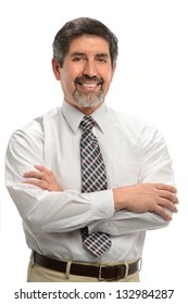 Mature Hispanic businessman smiling isolated over white background
