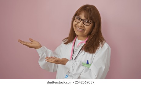 Mature hispanic female doctor smiling and presenting against an isolated pink background - Powered by Shutterstock