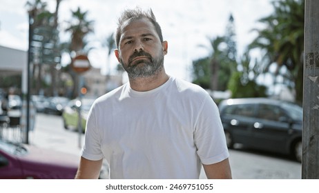 Mature hispanic man with grey hair stands confidently outdoors in an urban street setting, portraying a handsome, middle-aged persona. - Powered by Shutterstock