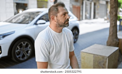 Mature hispanic man with grey hair in casual clothing contemplating on a sunny urban street. - Powered by Shutterstock