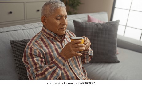 A mature hispanic man with grey hair, wearing a plaid shirt, sitting in a cozy living room, holding a coffee cup with both hands, enjoying a serene moment indoors on a sofa. - Powered by Shutterstock