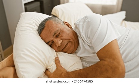Mature hispanic man sleeping peacefully in a cozy bedroom setting, embodying relaxation and comfort. - Powered by Shutterstock