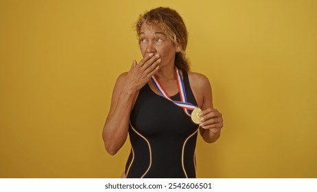 Mature hispanic woman celebrating with a gold medal over a yellow background, capturing an emotional and victorious moment. - Powered by Shutterstock