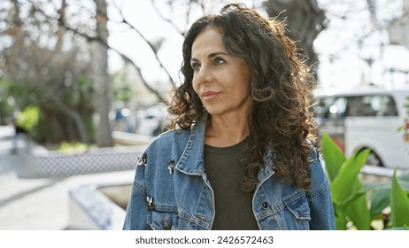 Mature hispanic woman with curly hair wearing a denim jacket outdoors in a city park. - Powered by Shutterstock