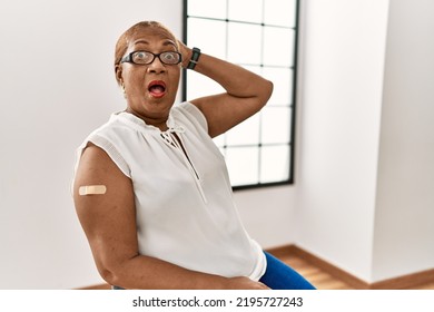 Mature Hispanic Woman Getting Vaccine Showing Arm With Band Aid Crazy And Scared With Hands On Head, Afraid And Surprised Of Shock With Open Mouth 