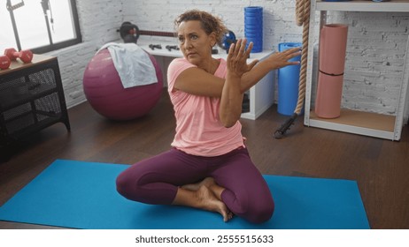 Mature hispanic woman stretching arms on a yoga mat in an indoor gym, surrounded by fitness equipment like dumbbells, exercise ball, and ropes, demonstrating a healthy active lifestyle. - Powered by Shutterstock