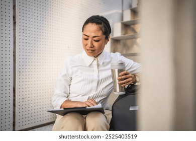 Mature japanese businesswoman sit on staircase and read clipboard while drink coffee - Powered by Shutterstock