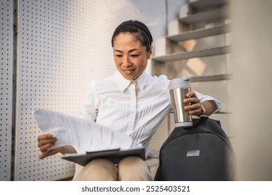 Mature japanese businesswoman sit on staircase and read clipboard while drink coffee - Powered by Shutterstock