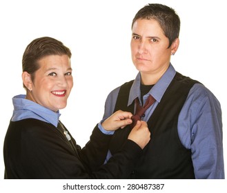 Mature Lesbian Couple In Blue Shirts On Isolated Background