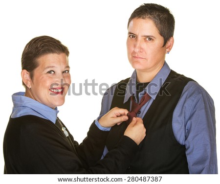 Mature Lesbian Couple In Blue Shirts On Isolated Background Mature Lesbian Couple In Blue Shirts On Isolated Background