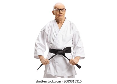 Mature Male Karate Master With Black Belt Posing Isolated On White Background