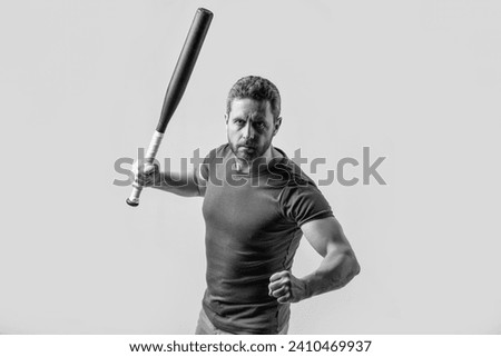 mature man with aggression threatening. man express aggression with bat isolated on grey